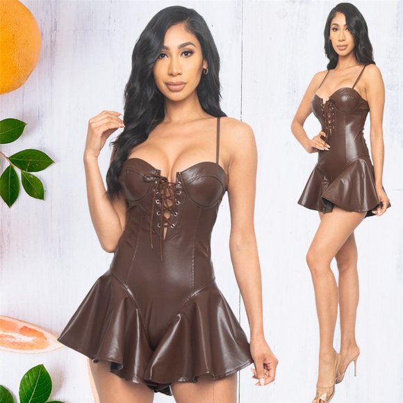 Goth Punk Steampunk Gothic Corset Moto Biker Faux Leather Ruffle Romper JS0409BN - Picture 1 of 9